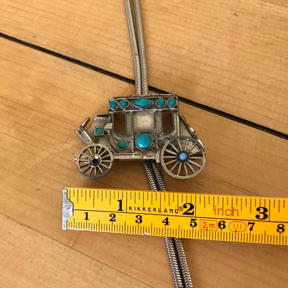 Stagecoach Bolo Tie Western Silver-tone Bola Chain Faux Turquoise Stones - Picture 4 of 5